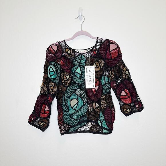 Lim’s 1980's Vintage Hand Crocheted Jewel Tone Cotton Abstract Top Small - Picture 1 of 4